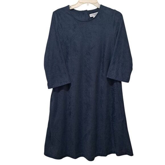 Gretchen Scott Ultra Suede Button Back Minimalist Goth Swing Dress Medium Navy - Picture 1 of 14